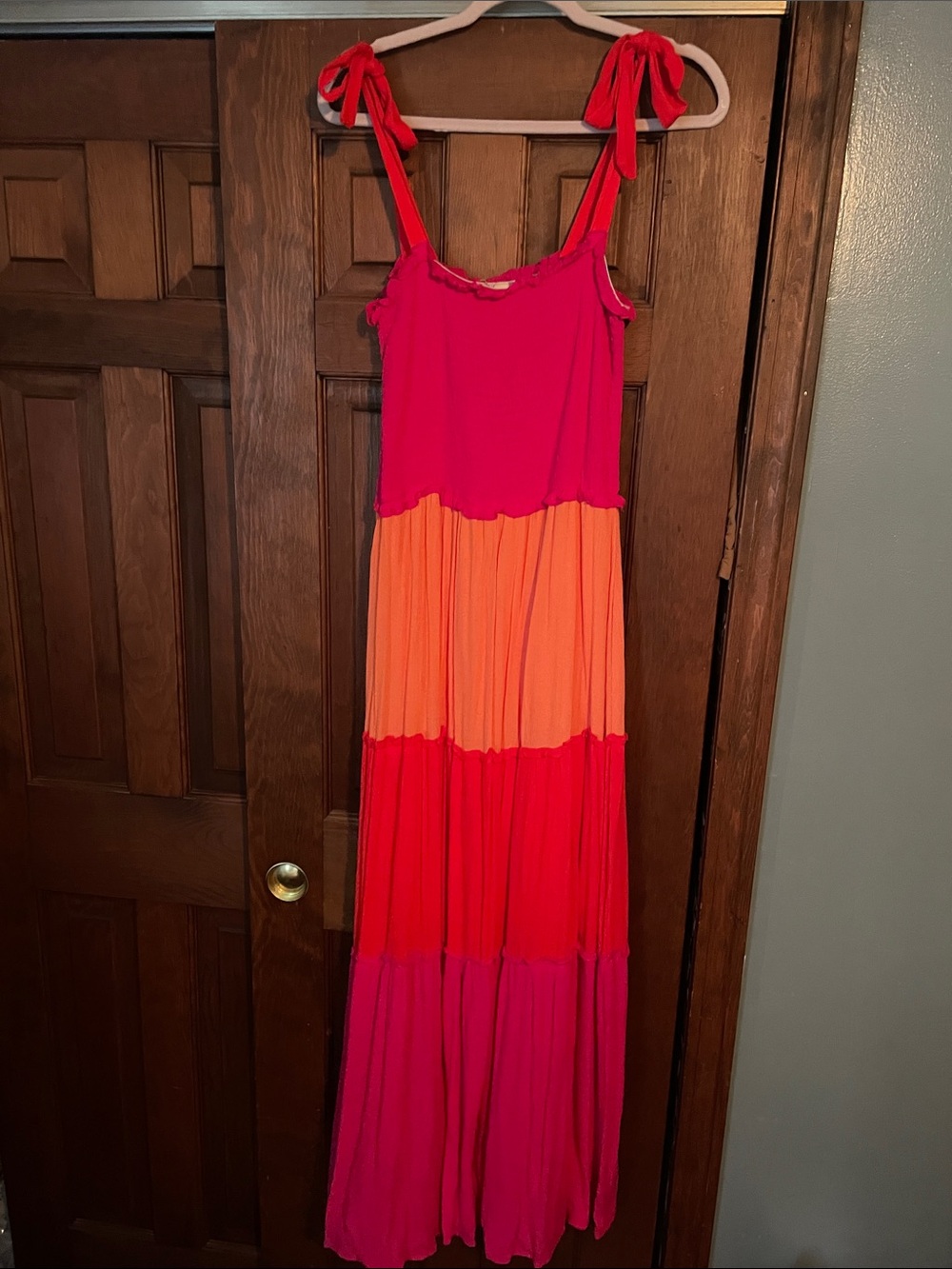 BeBop Pink & Orange Tiered Tie-Shoulder Maxi Dress